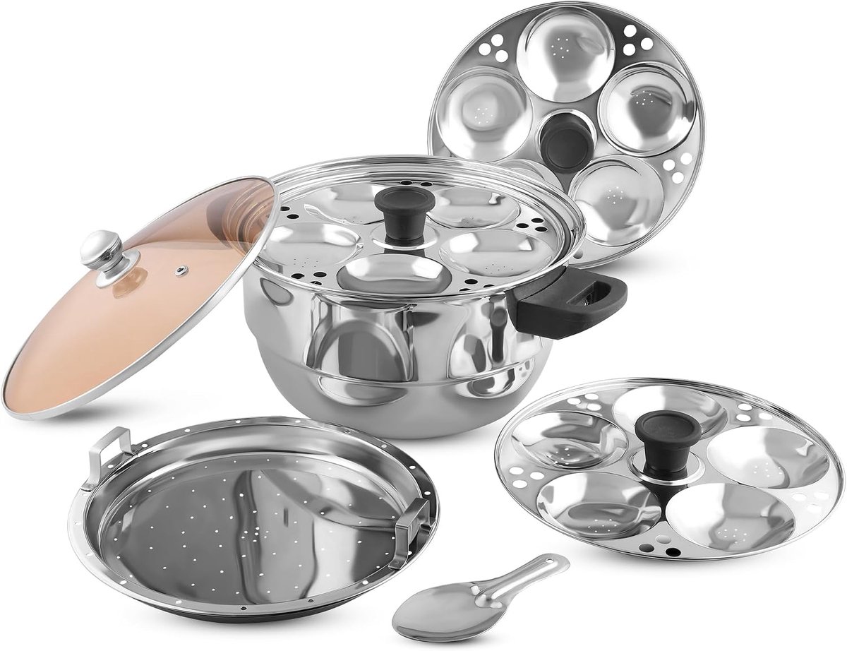 5 Stuks Roestvrij Staal Inductie Vriendelijk Doorzichtige deksel Idli Koker Multi Kadai voor Indiaas Koken met 3 Idli Borden (15 Idlis), 1 Patra Bord en 1 Idli Lepel, Zilver