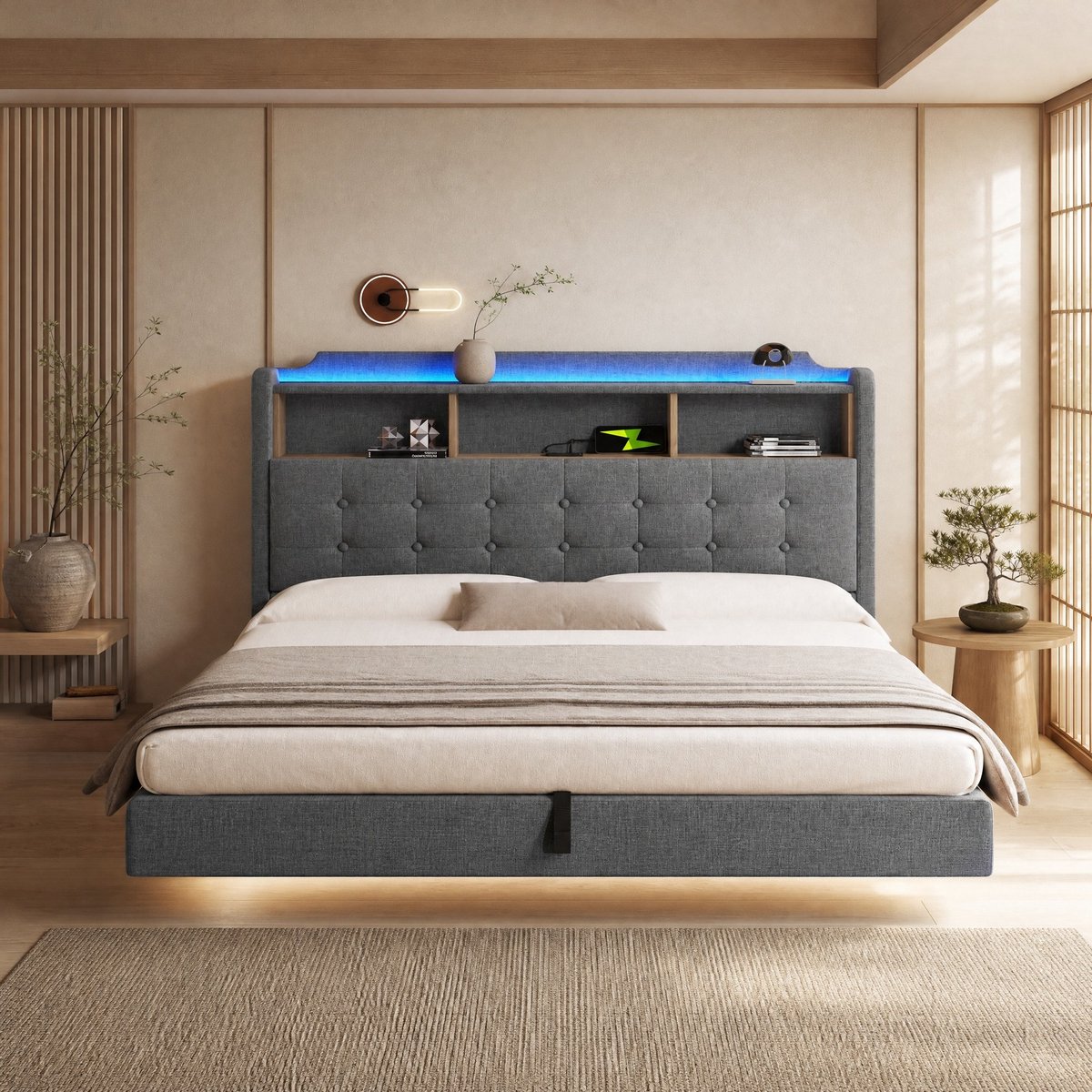 DESMIU Gestoffeerd Bed 180x200 cm – LED Verlichting met USB en Type C – Hydraulische Opbergruimte en Hoofdbordvak – Zwevend Design – Grijs – Zonder Matras