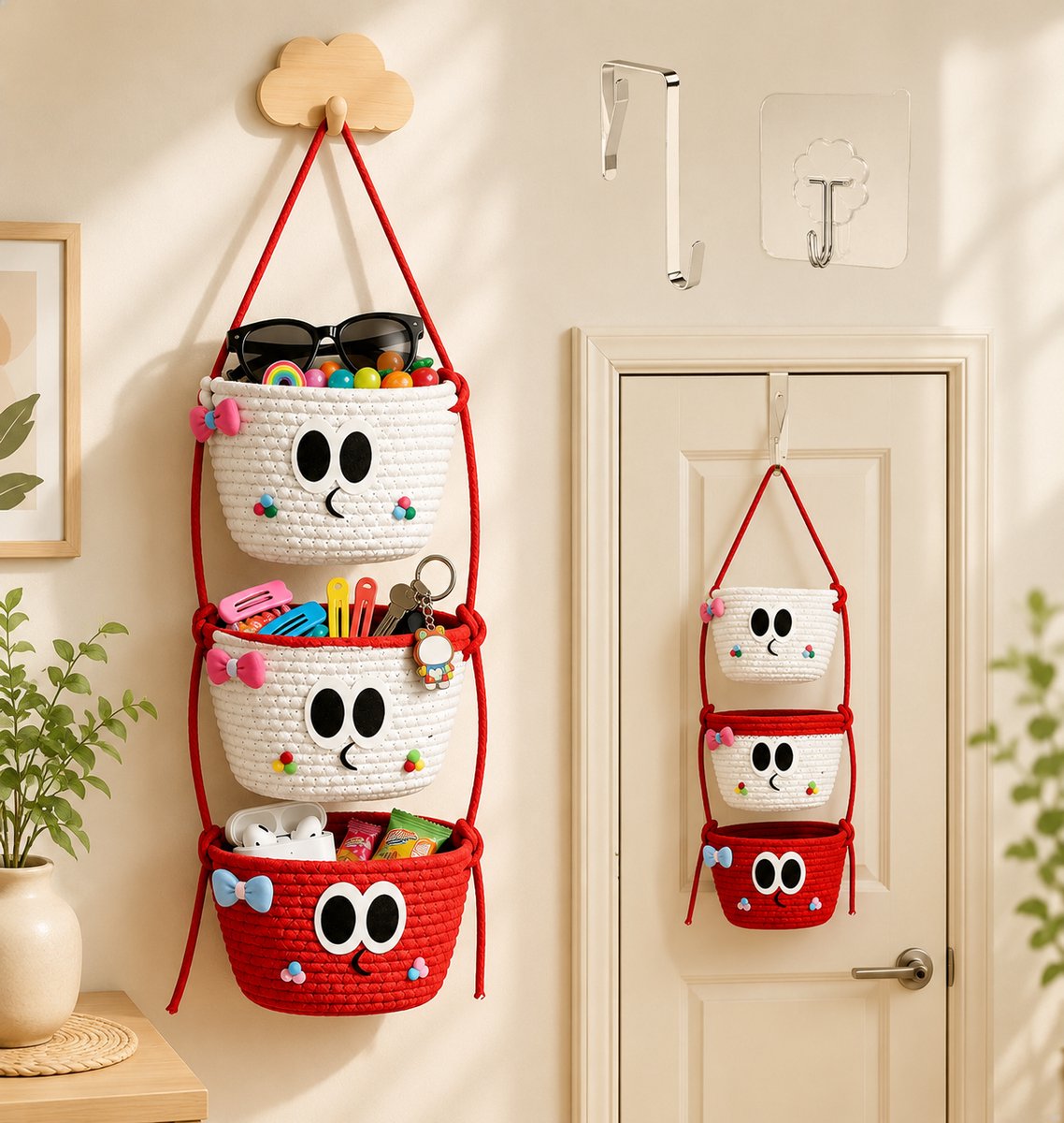 Ophangorganizer 3 niveaus - Decoratieve gevlochten wandmand met haken voor badkamer, slaapkamer en hal - Rood