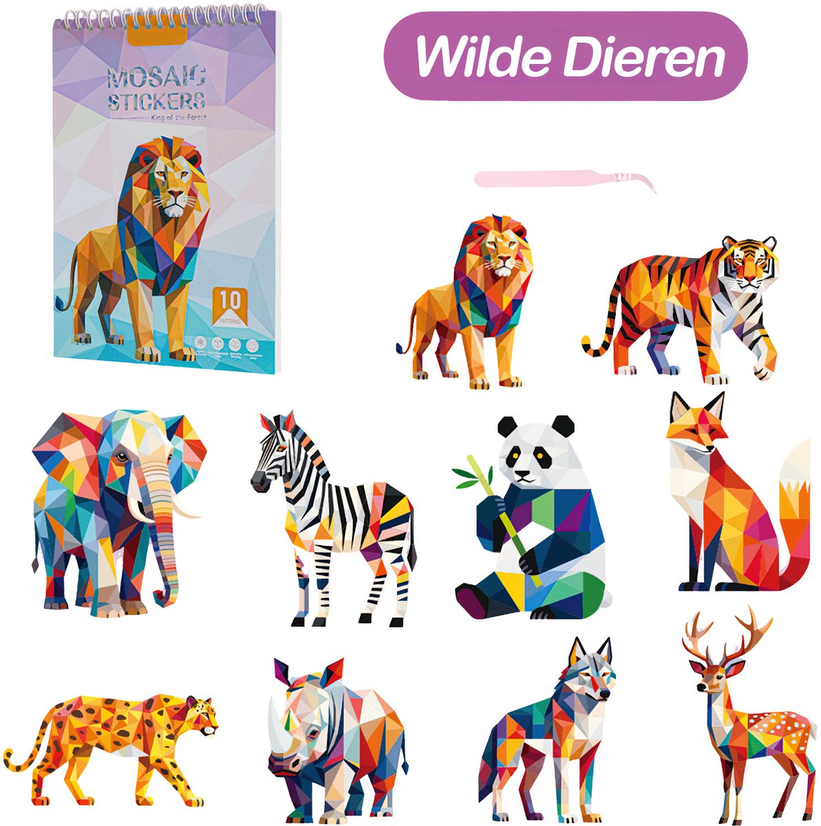Ainy Sticker Op Nummer Wilde Dieren | Inclusief Pincet | Stickerboek met nummer stickers | Stickeren met 10 3D-afbeeldingen | Creatief & Rustgevend vakantieboek | Stickermozaiek stickervellen voor volwassenen en kinderen