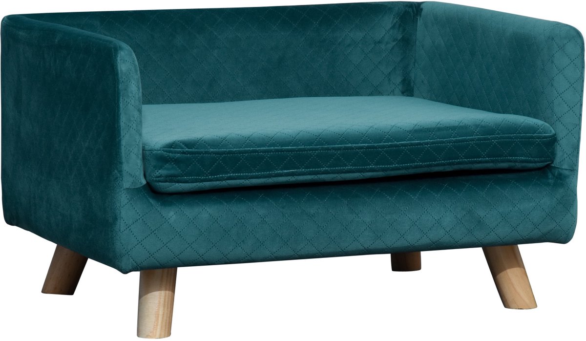 Hondenbank in Scandinavisch design - 64 x 45 x 36 cm - fluweel - eendenblauw - zacht kussen - poten van massief hout