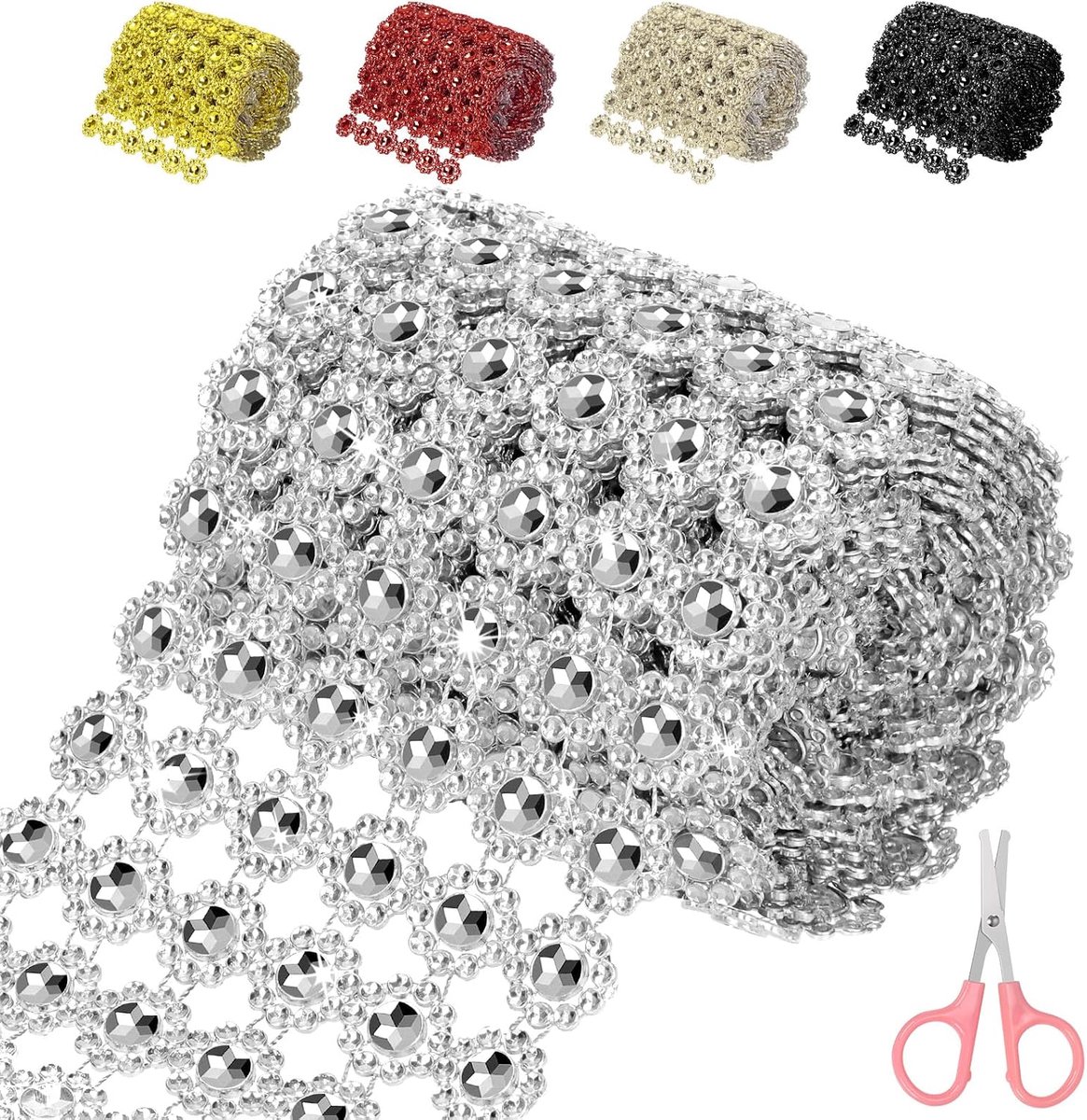 10,5 cm x 3 m zilveren bloem strass lint, 6 rijen fonkelende bling strass mesh strass lint rol strass diamant mesh wikkellint voor knutselen, bruiloft, feestdecoraties