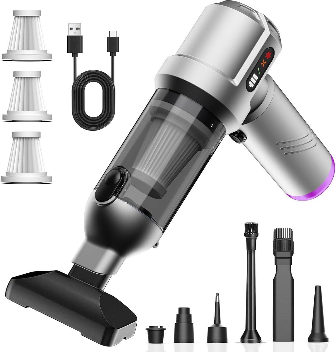 Handstofzuiger, 25000Pa Accu Handstofzuiger Draadloos, 4-in-1 Draagbare Accustofzuiger met Automatische Lediging 1 Knop, Oplaadbare Sterk Accustofzuiger voor Auto, Huis, Huisdier, Haar (Zilver)