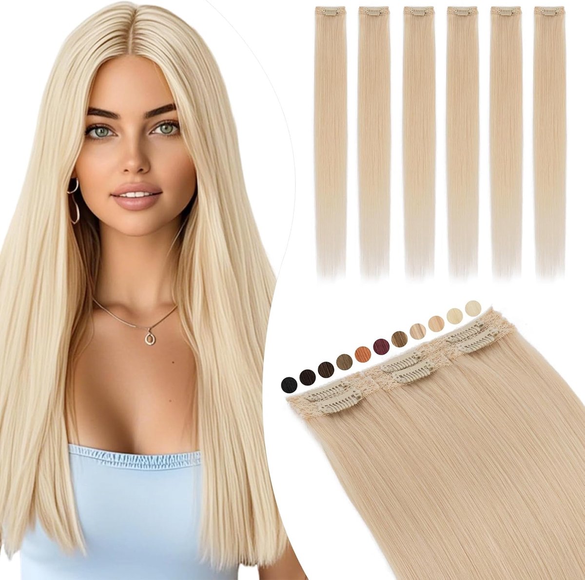 Clip-in extensies echt haar blond zijde kant in strengen 6 stuks haarverlenging clip onzichtbaar 31g 25cm voor volume/highlights (#60 platinumblond)