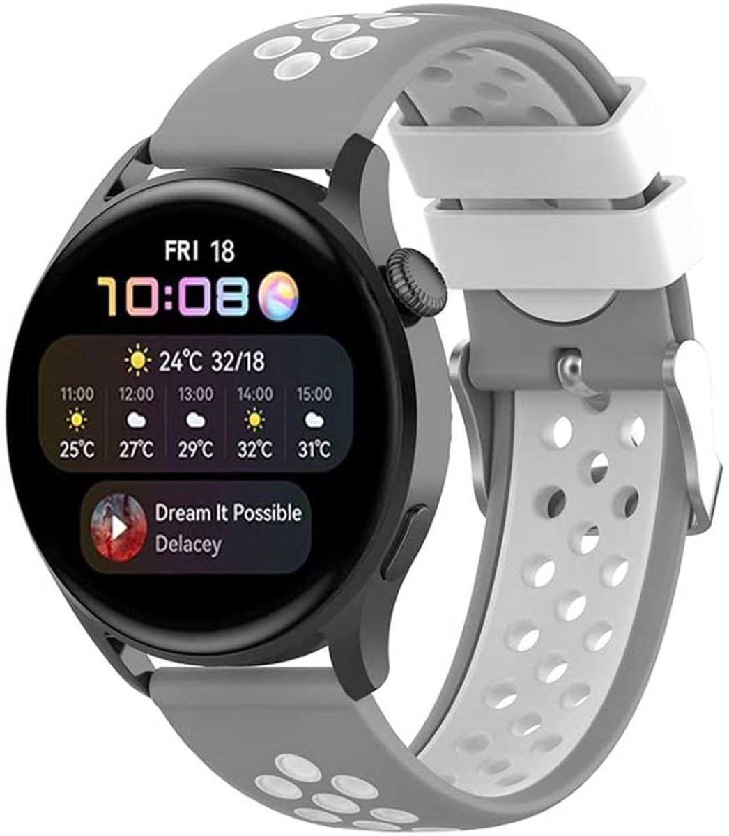 Stravo 18mm Tweekleurig Siliconen Sport Bandje – Geschikt voor Garmin Vivoactive 4S / Vivomove 3S / Venu 2S / Venu 3S / Venu 4 41mm / Forerunner 255S / 265S & Huawei Watch GT 5 / GT 5 Pro / GT 6 – Ademend Horlogebandje – Grijs / Wit