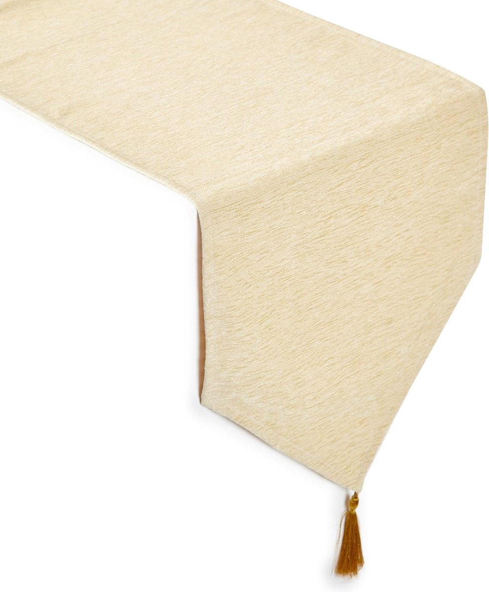 Homes Tafelloper van fijn chenille om te eten met V-hals en kwastjes, 32 x 150 cm - crème | decoratieve doek voor feest, bruiloft, thuis, cafés, restaurants en hotels
