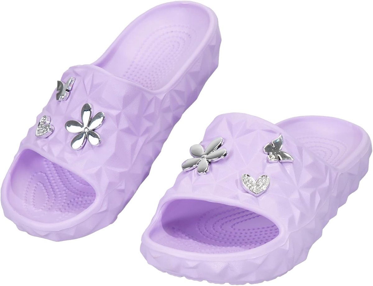 Eva damespantoffels met metallic bloem en hart, teenslippers met sleehak, comfortabel, antislip, voor thuis, strand en stad