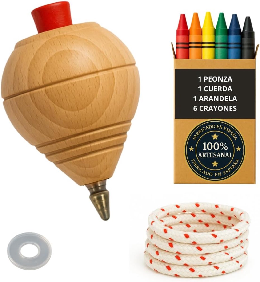 Tol van hout voor kinderen, pakket 1 trompo + 6 waskleurpotloden + 1 sluitring | Met balpen, handgemaakt in Spanje.