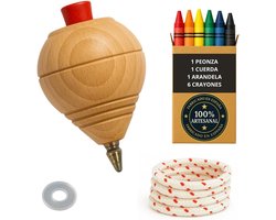Tol van hout voor kinderen, pakket 1 trompo + 6 waskleurpotloden + 1 sluitring | Met balpen, handgemaakt in Spanje.