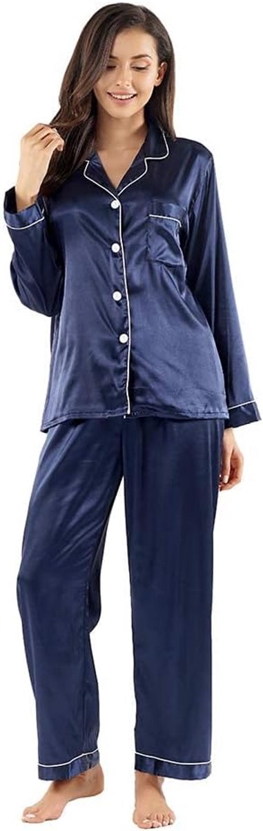 Damespyjama, tweedelige pyjama met lange mouwen en knopen, satijnen, winterpyjama, nachtkledingset, S-XXL