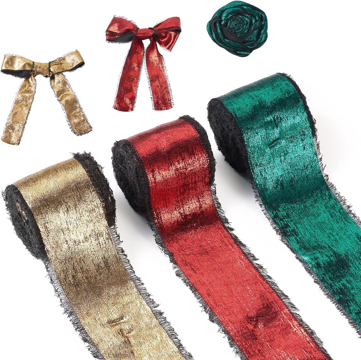 Kerst Satijn Fluwelen Gerafelde Lint 38Mm Ruw Rand Lint Rood Groen Golden voor Pakket Verpakking Wrapping Bruids Bloem Boeket Bruiloft Decoratie