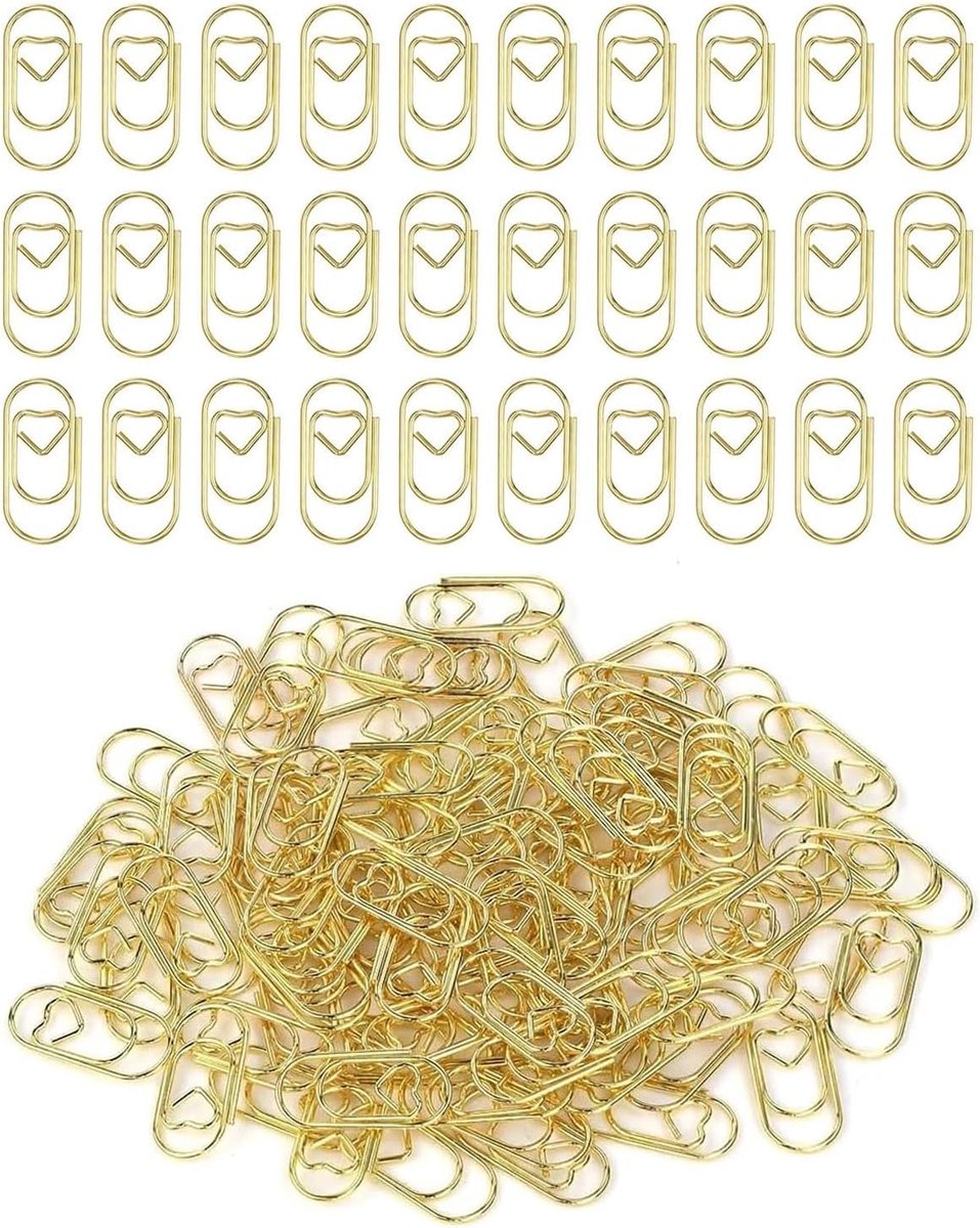 100 stuks paperclips goud, paperclips van roestvrij staal, kleine ovale paperclips, hartmotief, voor het decoreren van ansichtkaarten, kantoren, klaslokalen, boeken en documenten (goud)