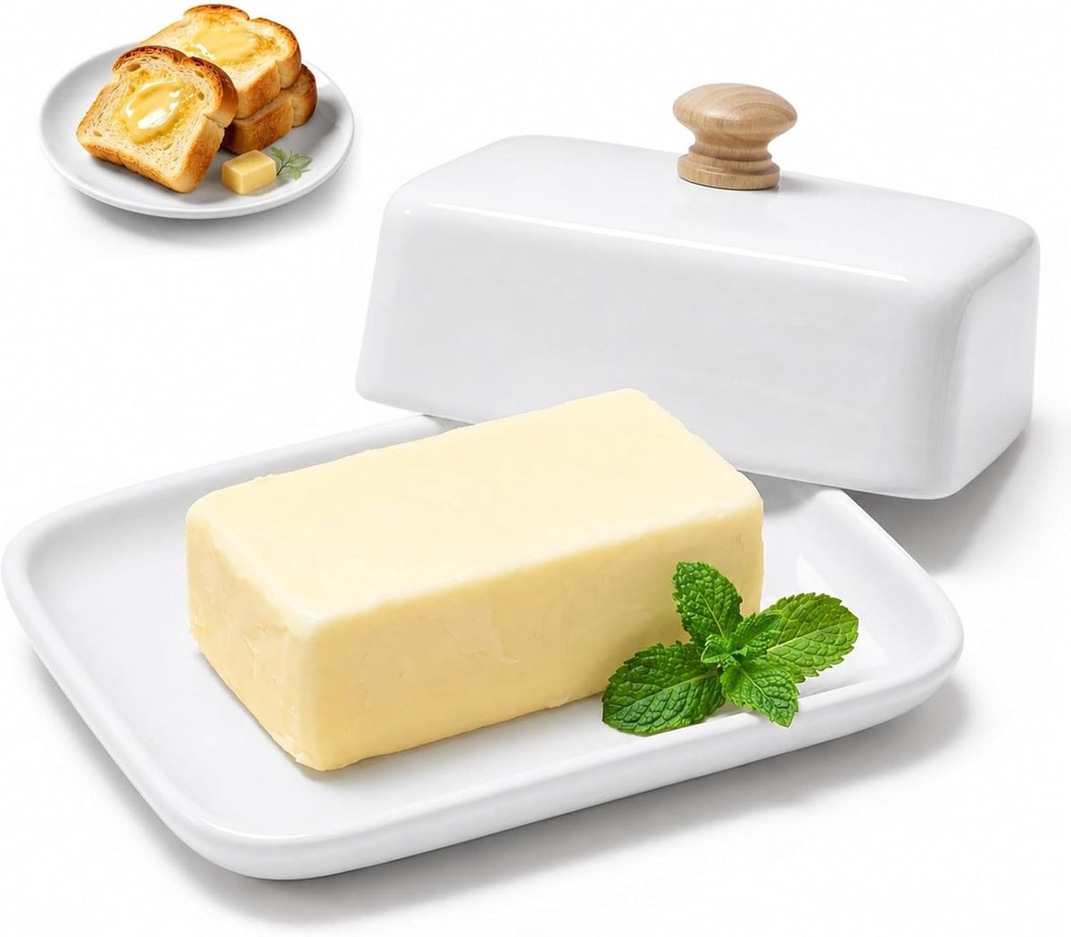 Botervloot met Deksel, 250 g, Hooggebrand van Porselein, Stofbescherming en Aromabescherming, Vaatwasser-, Magnetron- en Ovenbestendig (wit) (Wit)