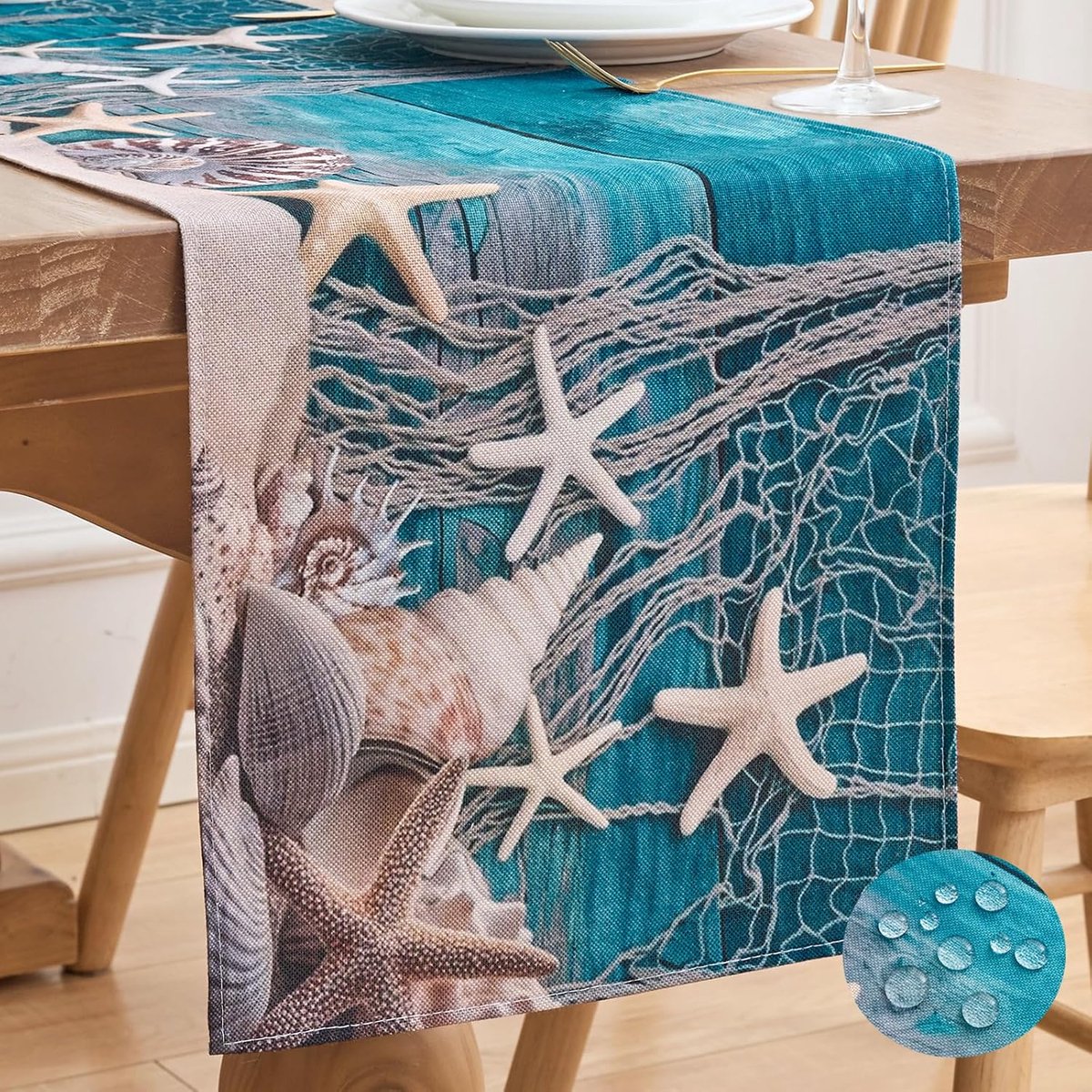 Tafelloper Blauw Groen Buiten Waterdicht Polyester Vezel Strepen Turquoise Strand Schelpen Zeesterren Visnetten Retro Frustiek Tafelloper voor Eettafel Keuken 33 x 183 cm