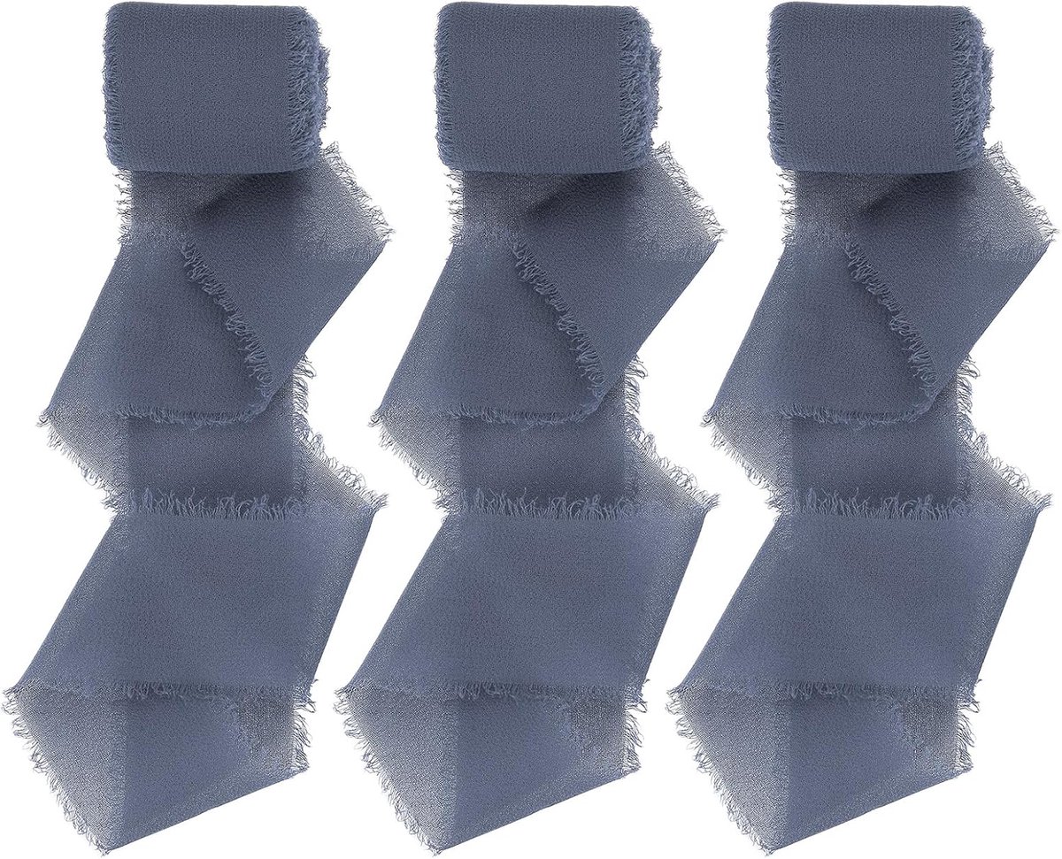 3 cm x 7 yard handgemaakte franjes chiffon lint, 3 rollen gerafelde chiffon zijden lint voor boeketten geschenkverpakking, bruiloft decor, donkerblauw