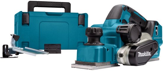 Makita elektrische schaafmachine in turquoise en zilver met draagtas.