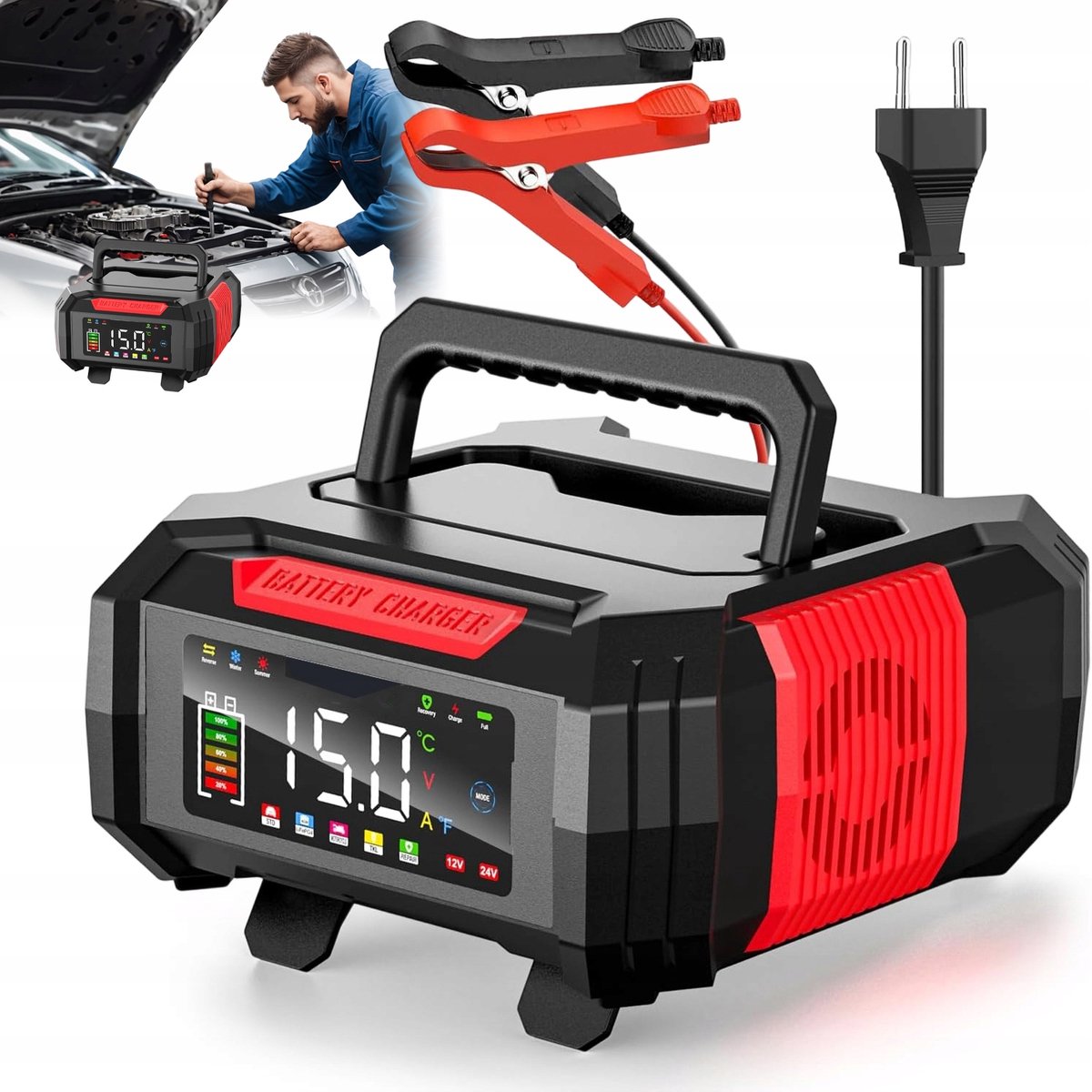 Acculader - Slimme Auto Acculader - 9-Traps Opladen - Pulstreparatie - Veiligheidsbescherming - LED Display - 12V/24V - 15A/8A - Loodzuur en LiFePO4 - Voor Auto & Motor & Vrachtwagen & Boot & Grasmaaier