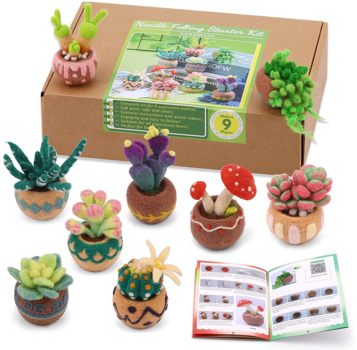 Casalora Punch Needle - Naaldviltpakket voor Beginners - 9 Vetplanten - Complete DIY Starterset met Wol en Viltnaalden