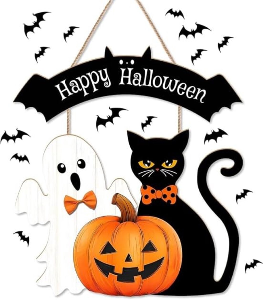SolidKeus - Houten Halloween Deurbord met Kattenmotief