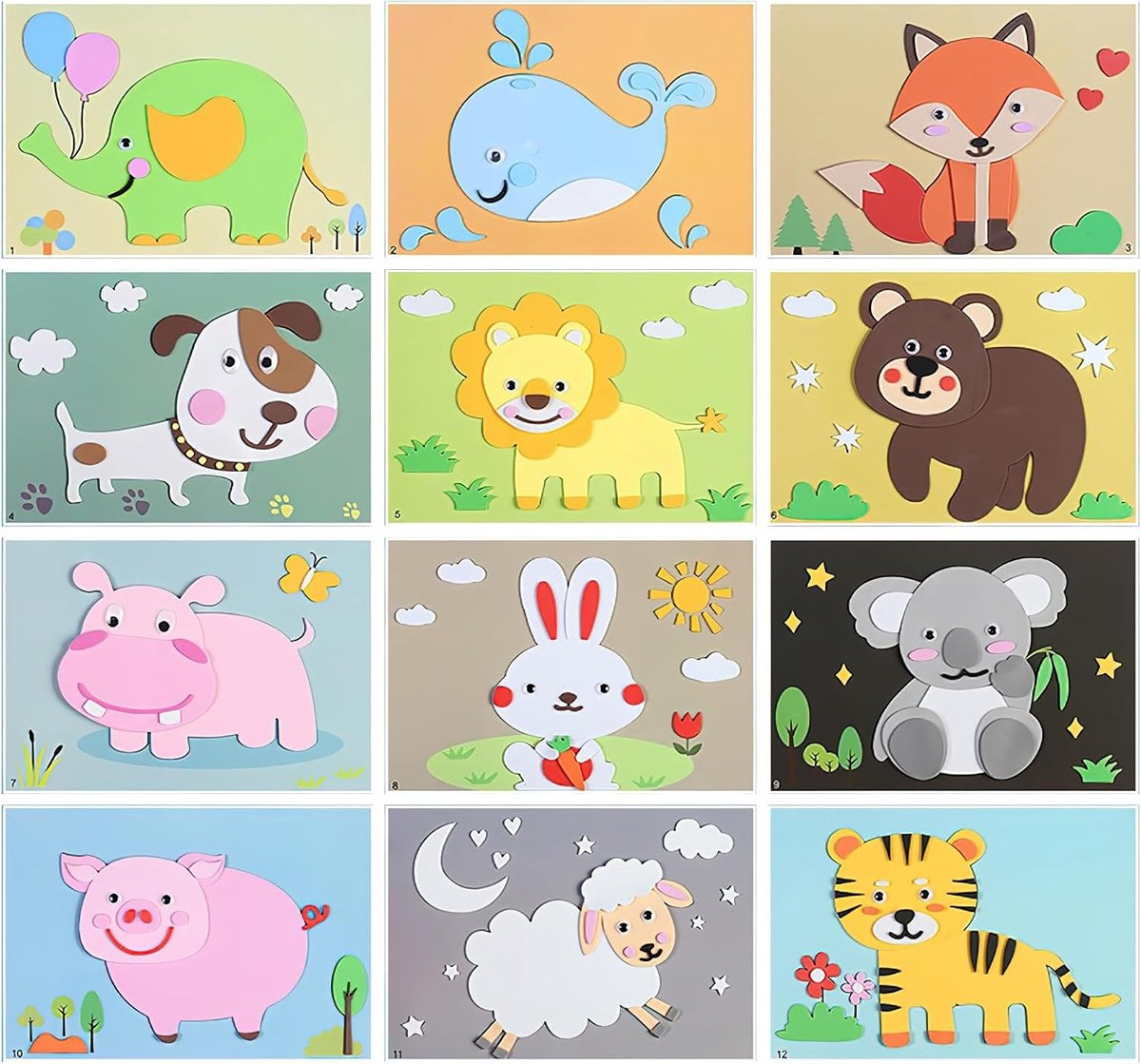 12 Stuks Mosaïek Knutselsets Dieren Stickers voor Kinderen, Creatieve 3D DIY Handgemaakte Foam Puzzels en Zelfklevende Cartoon Decoraties