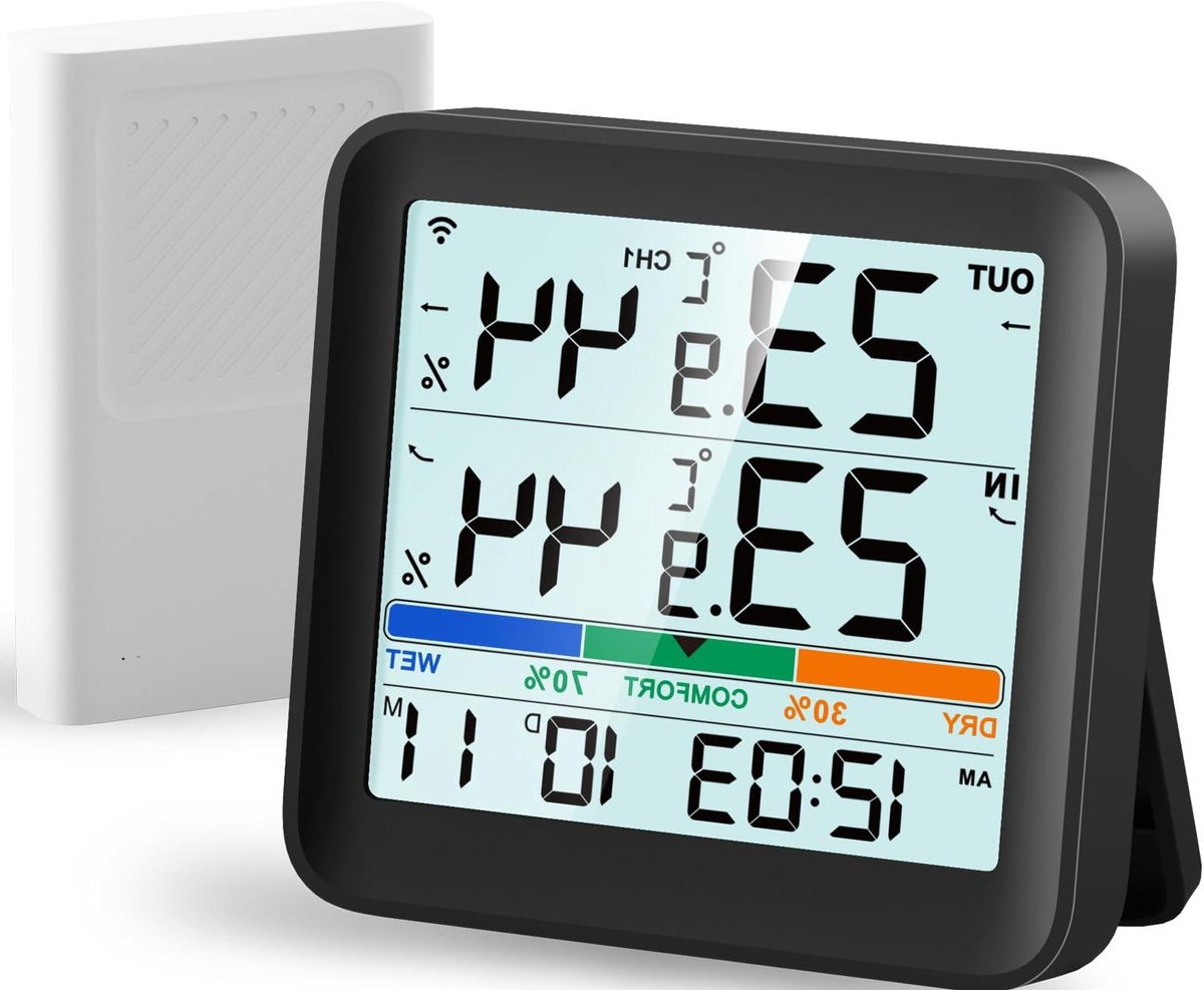 Binnen- en Buitenthermometer - Hygrometer Weerstation - Klimaat Monitoren - Groot LCD Achtergrondverlichting - 100m Bereik - Zwart