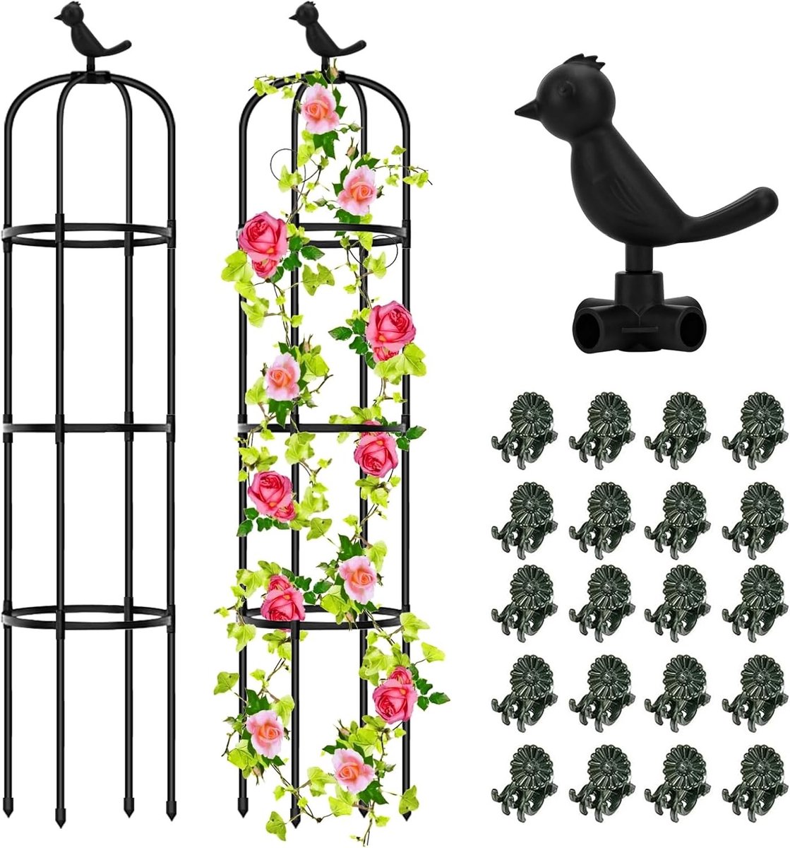 Twee tuin klimhulpen voor rozen met vogelversiering en 20 plantclips - Verwijderbare obelisk van kunststof voor klimplanten en tuindecoratie