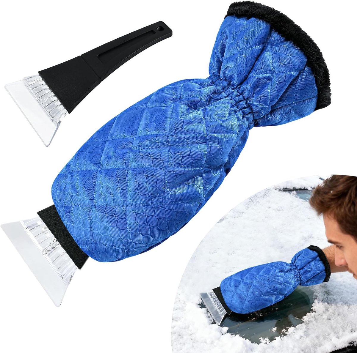 IJskrabber met handschoen, ijskrabber voor auto met handschoen, autoruitenschraper met handschoen, schraper voor voorruit, ultrazacht fleece, warm waterdicht, voor voorruit