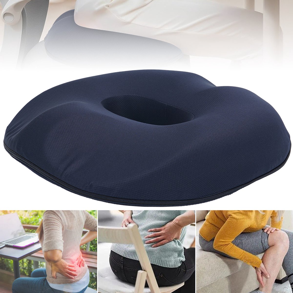 Donutkussen Van Traagschuim - 45x40x7 cm Hoge Dichtheid Hoes Met Ritssluiting - Verlicht Rugpijn En Ischias - Voor Thuis, Op Kantoor En in De Auto - Marineblauw
