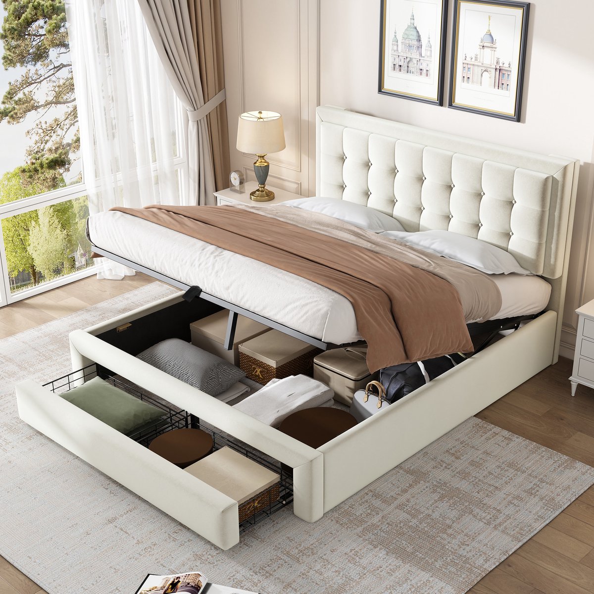 Gestoffeerd bedframe - voor matras 140 x 190 cm - beige - met lattenbodem - maximaal belastbaar 300 kg - matras niet inbegrepen - voor de slaapkamer