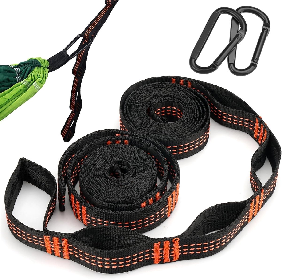 Set van 2 Hangmat Bevestigingen met 2m x 2.5cm Touw voor Kamperen en Wandelen, Inclusief 2 Karabiners en Bevestigingsriemen met 6 Lussen voor Buitenactiviteiten
