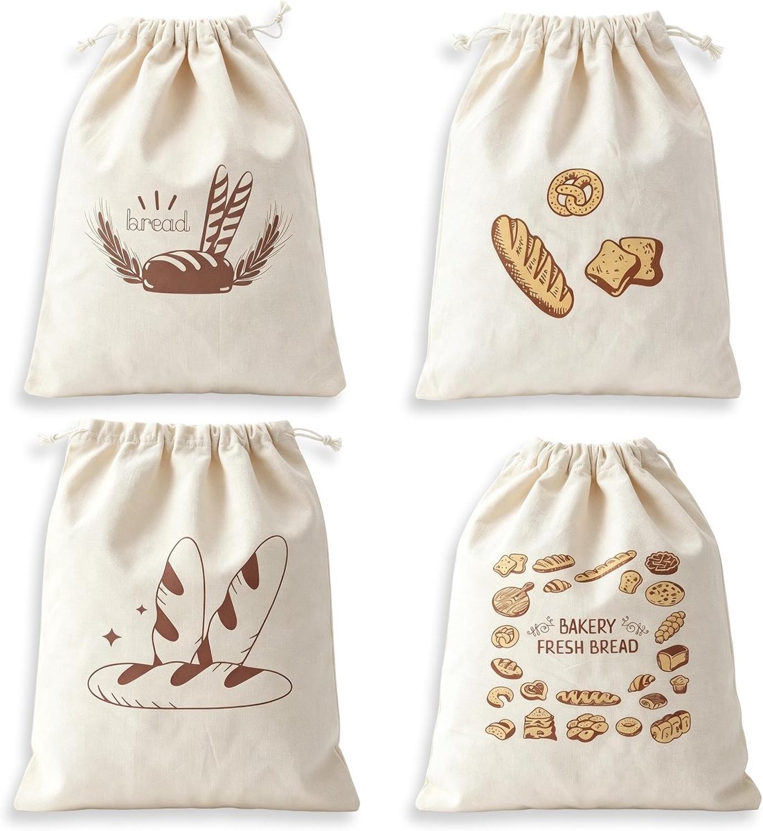 Katoenen Broodzakken - Wit - 38 x 31 cm - Herbruikbare Broodzakken met Trekkoord - Voor Brood, Fruit en Groente