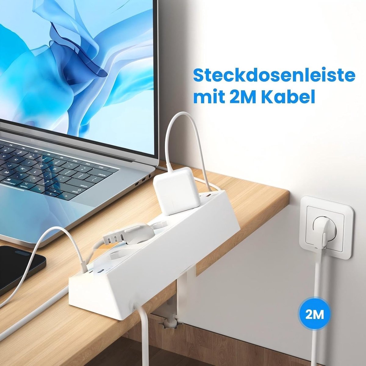 Tafelcontactdoos met USB C - Wit - 2M - 4-voudig met Individueel Schakelbaar - Voor Thuiskantoor