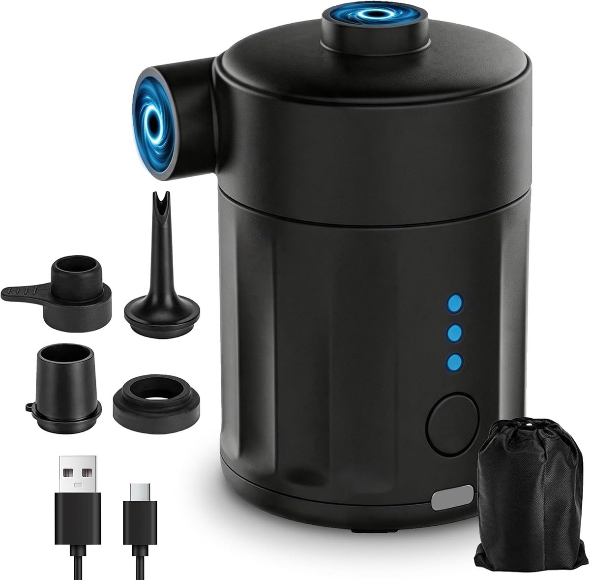 Elektrische Luchtpomp - Zwart - 5,8 x 6,7 x 6 cm - Draadloze Pomp met 4000 mAh Accu - Voor Luchtbedden en Camping