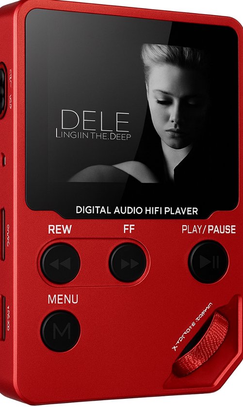 Rode digitale audio HiFi-speler met merknaam DELE en een scherm met een vrouwengezicht. Knoppen: REW, FF, PLAY/PAUSE, MENU.