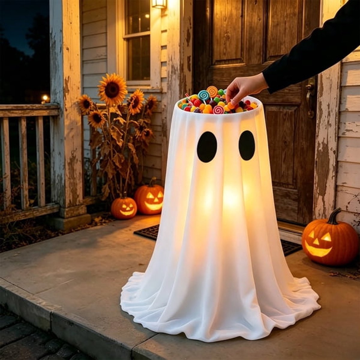 Ulisem - Spook snoepkom - 76 cm hoge staande halloween snoepkom met afstandsbediening - Verlichte spookgestalte met afstandsbediening - Groot formaat voor veel snoep en snacks - Voor veranda, tuin en feesttafel - Inclusief afstandsbediening - Wit
