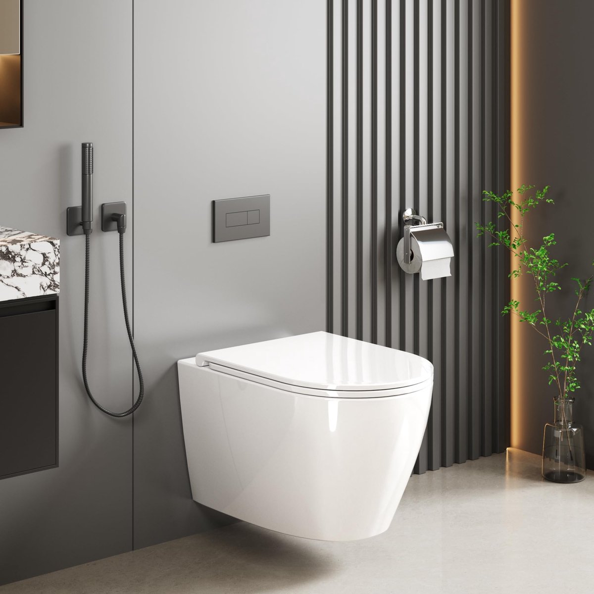 Randloos keramisch wandtoilet – stille 360° spoeling, diepe spoelwerking – D-vormig 52,5 cm, inclusief UF toiletzitting met zacht-sluitmechanisme