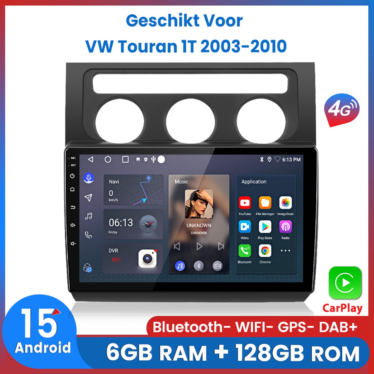 Awesafe 6+128GB Android15 Carplay Autoradio - Geschikt Voor VW Touran 1T 2003 t/m 2010 - Draadloze Carplay Android Auto - Touchscreen - GPS Navigatie 4G WiFi - Bluetooth Radio - 2003 2004 2005 2006 2007 2008 2009 2010