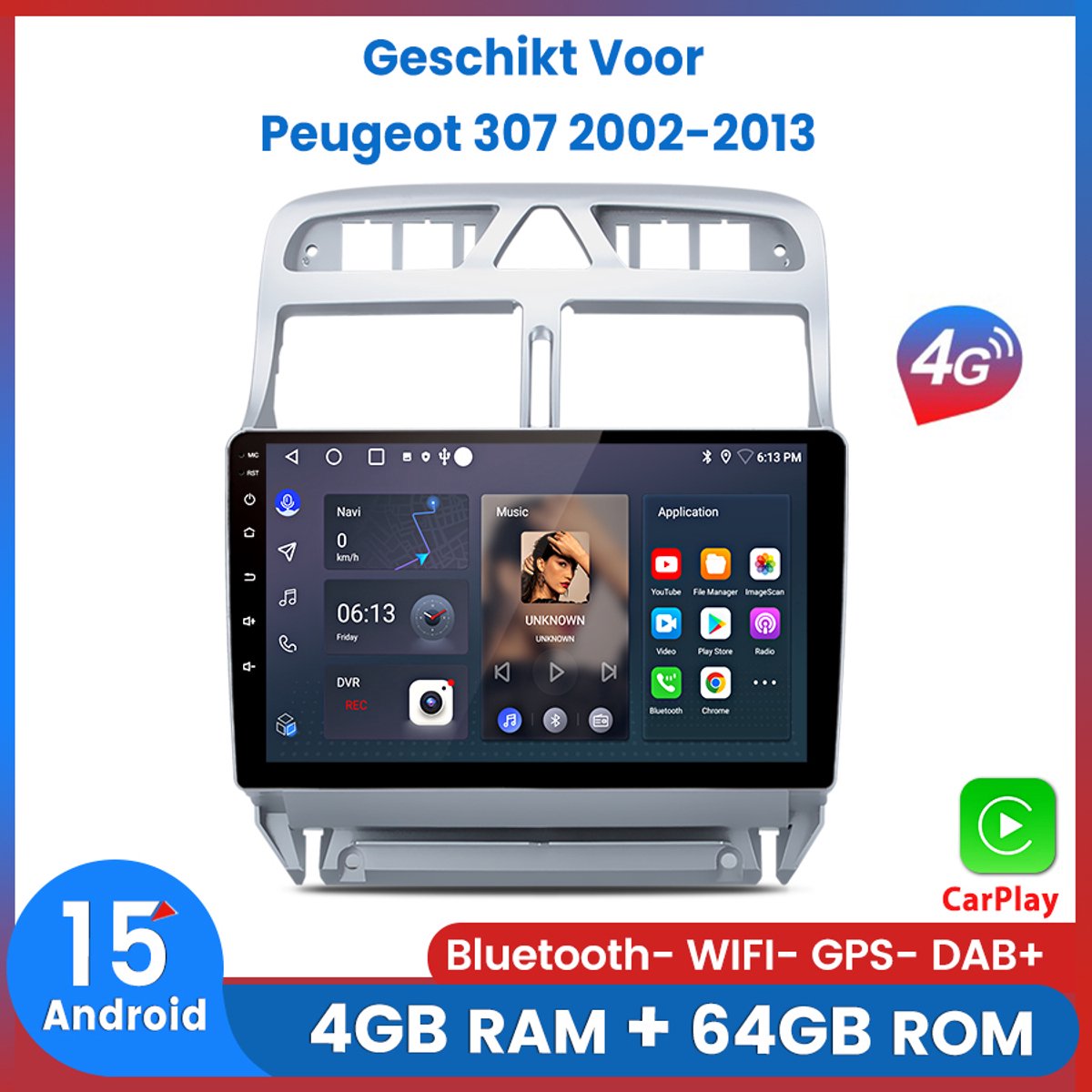 Awesafe 8-Core 4+64GB Autoradio - Geschikt Voor Peugeot 307 2002-2013 - Draadloze Carplay Android Auto - Touchscreen - GPS Navigatie 4G WiFi - Bluetooth Radio - 2003 2004 2005 2006 2007 2008 2009 2010 2011 2012 2013