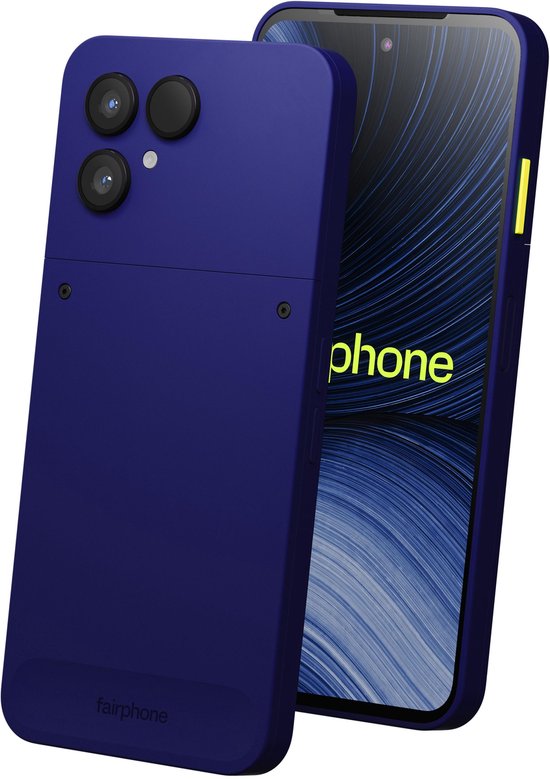Blauwe Fairphone met dubbele camera op de achterkant, voor- en zijaanzicht.