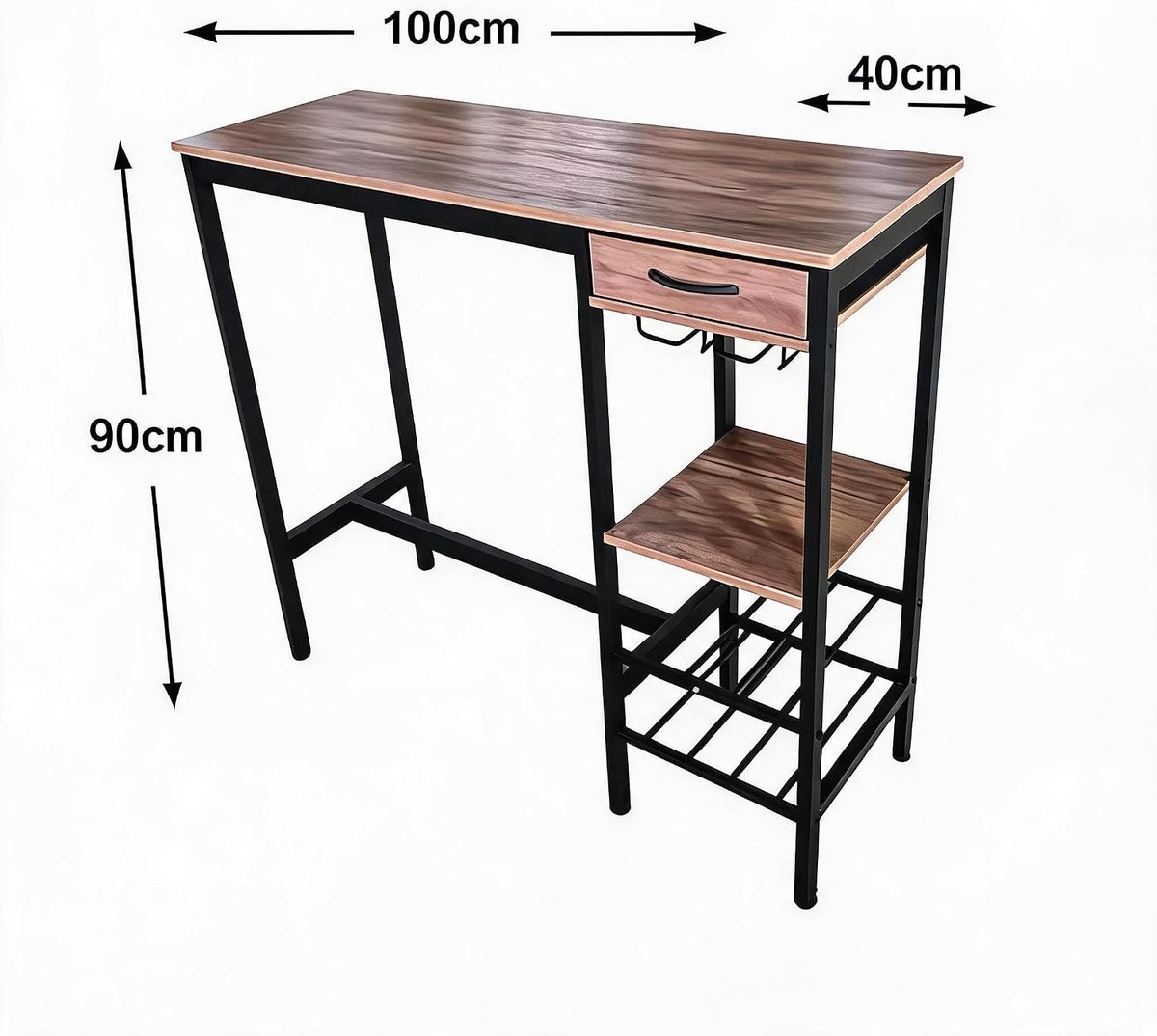 Hoge bartafel 100×40×90 cm, rechthoekig grijs eettafel, metaal‑hout, stoffen lade, houder voor wijnflessen & plank voor wijnglazen, voor keuken woonkamer eetkamer — cadeau in Cadeau-ideeën - foto 5