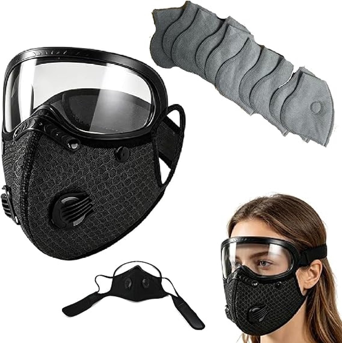 Herbruikbaar stofmasker met koolstoffilter en verstelbare bril, ademend en comfortabel, UV-bescherming, 5-laags filtratie, bevat 10 filterelementen.