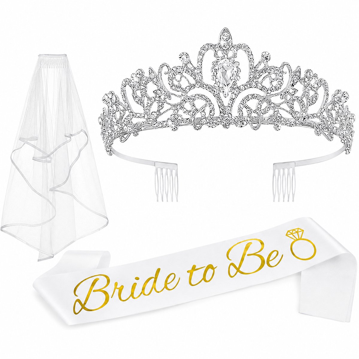 Gloovon - “Bride to be” Vrijgezellenfeest Vrouw Set - 3 Stuks Pakket met Tiara, Sluier en Sjerp - Accessoires voor Bruiloft en Bridal Shower - Zilverkleurig