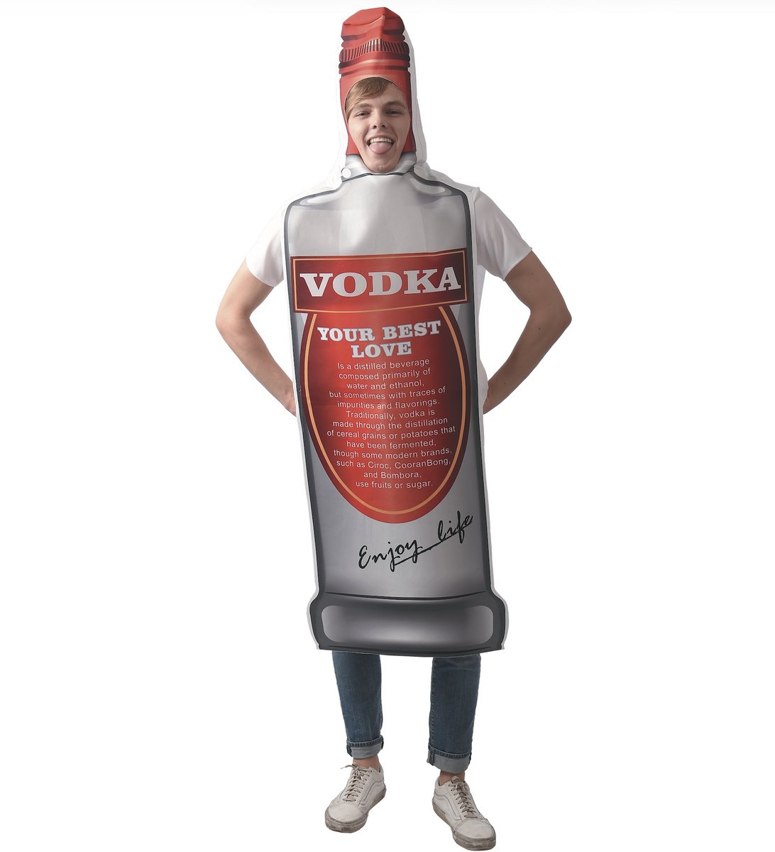 Joya Party® Vodka Kostuum Heren | Wodka Fles Verkleedpak Mannen | Vodka Fles Kostuum | Grappig Drank Fles Kostuum | Carnaval Verkleedkleding | Themafeest | Halloween | Maat M/L
