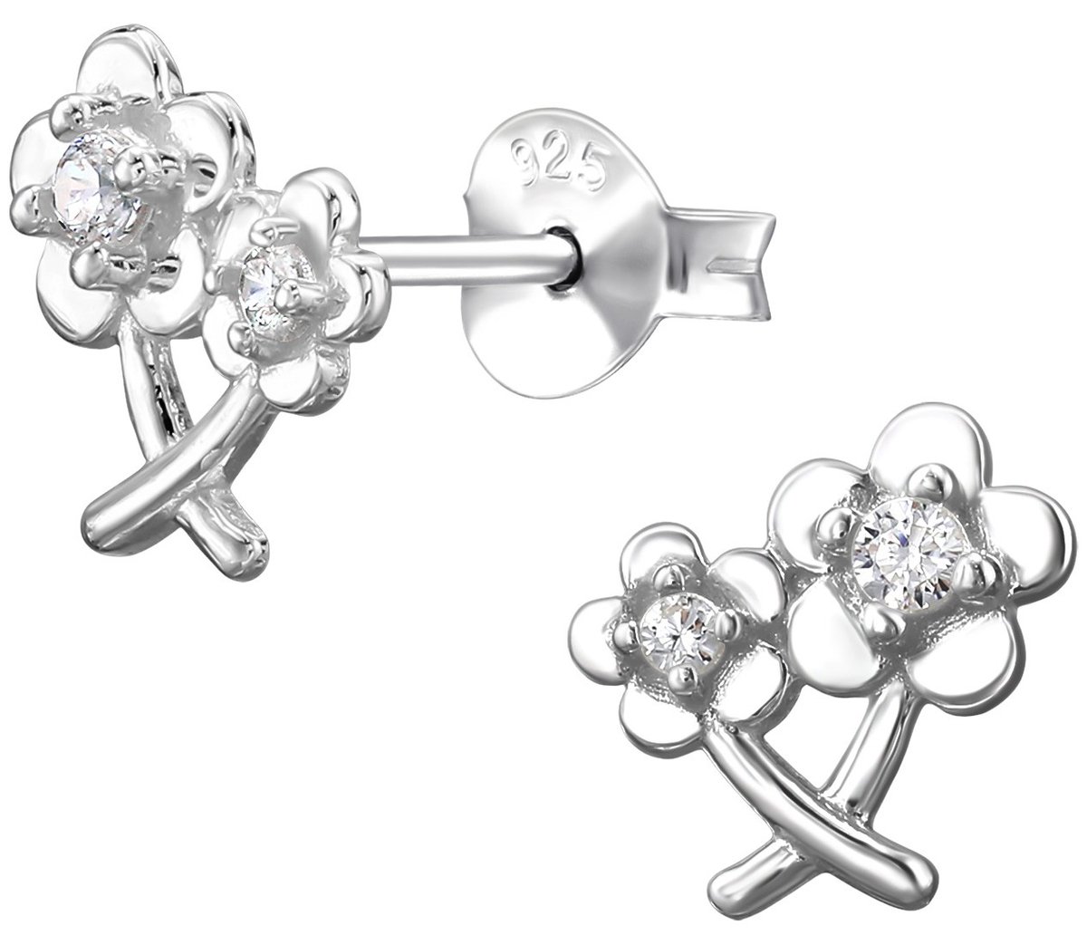 Joy|S - Zilveren bloem oorbellen - 2 bloemetjes - 9 x 8 mm - zirkonia - gepolijst - sterling zilver 925 - bloemen oorknoppen
