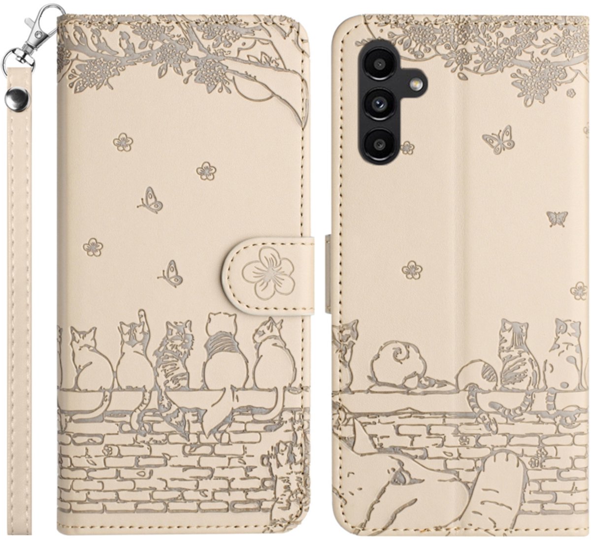 BookCover Hoes Etui geschikt voor Samsung Galaxy A27 - Beige - Katten op Muurtje - Reliëf