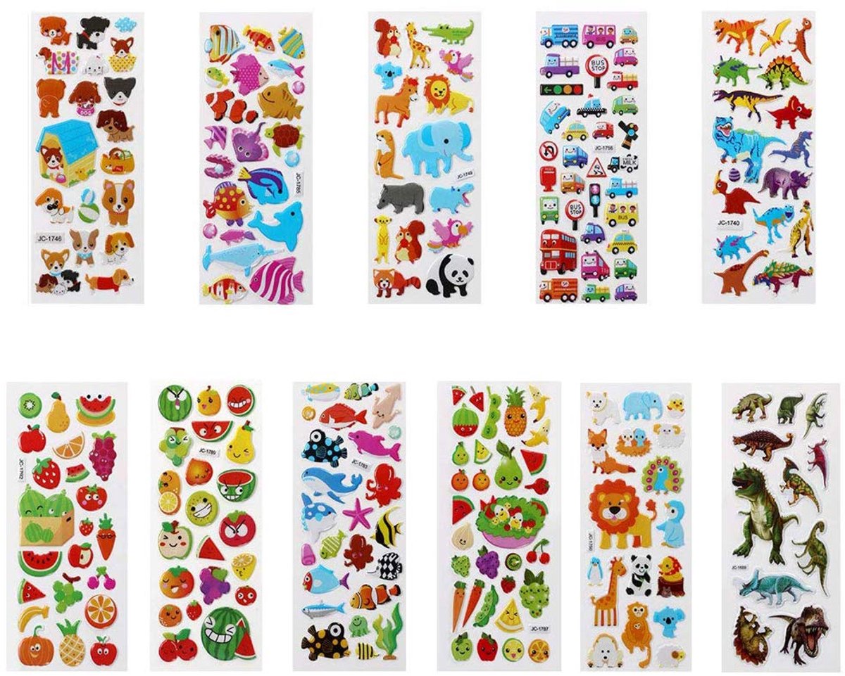3D Puffy Stickers voor Kinderen - 22 Vellen met 500+ Stickers - Dieren, Fruit, Eenhoorns, Kerst & Meer - Knutsel- en Beloningsstickers
