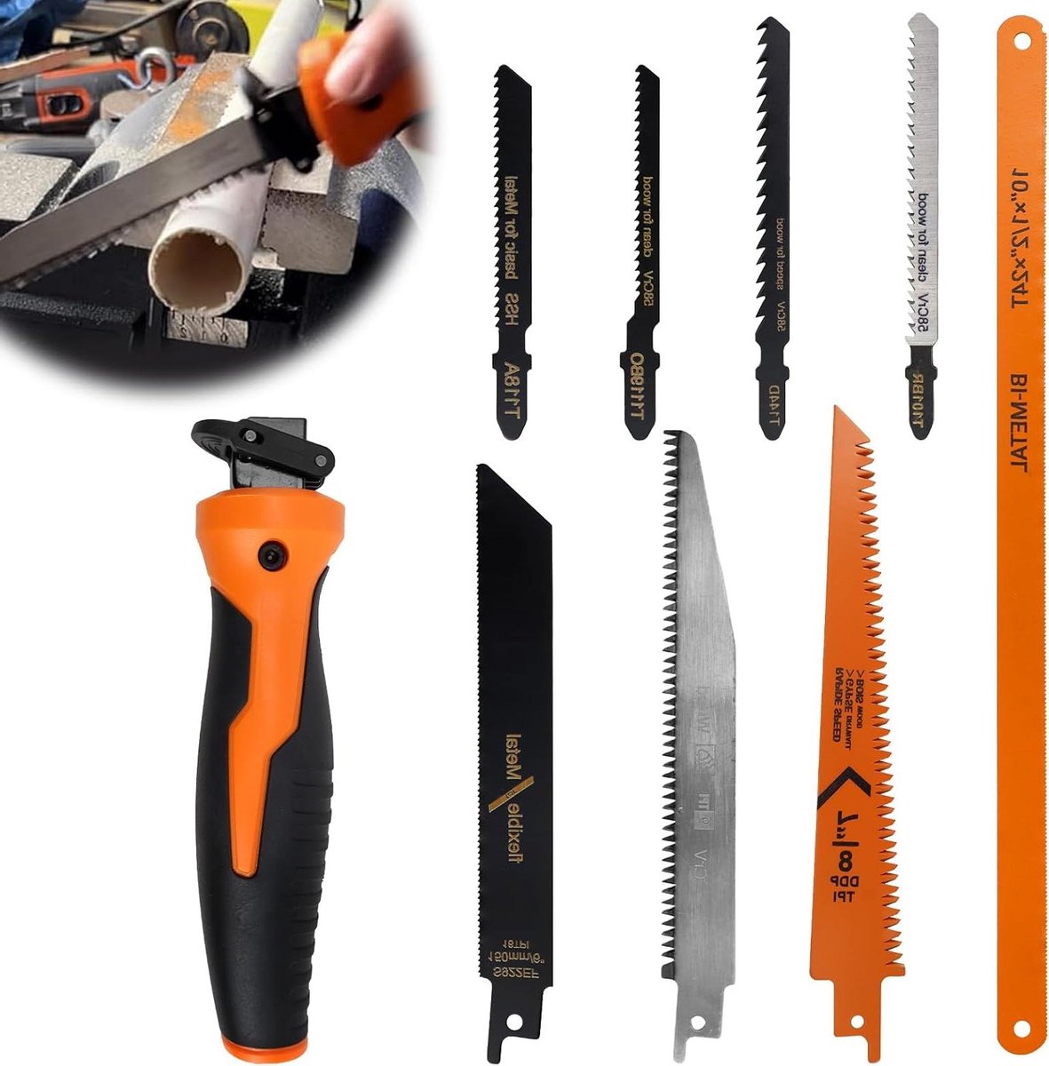 Handzaagset 8 Bladen - Metaalzaag Universeel - Materiaal Zagen - Chroomlegering Staal - 26 cm Pakket - Oranje