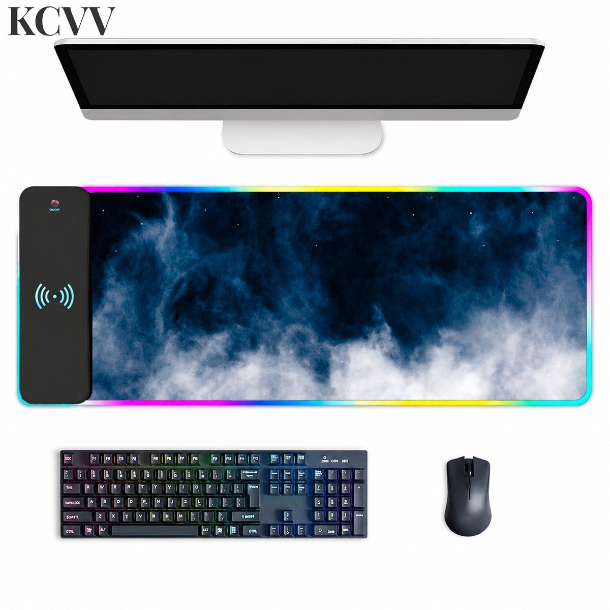 Gaming muismat xxl led verlicht-gaming muismat met verlichting-draadloze oplaadbare muismat - Kleurrijke extra grote esports gaming muismat - RGB-verlichting - 15W snelladende LED-muismat - Blauw - 80x30x0,3 cm