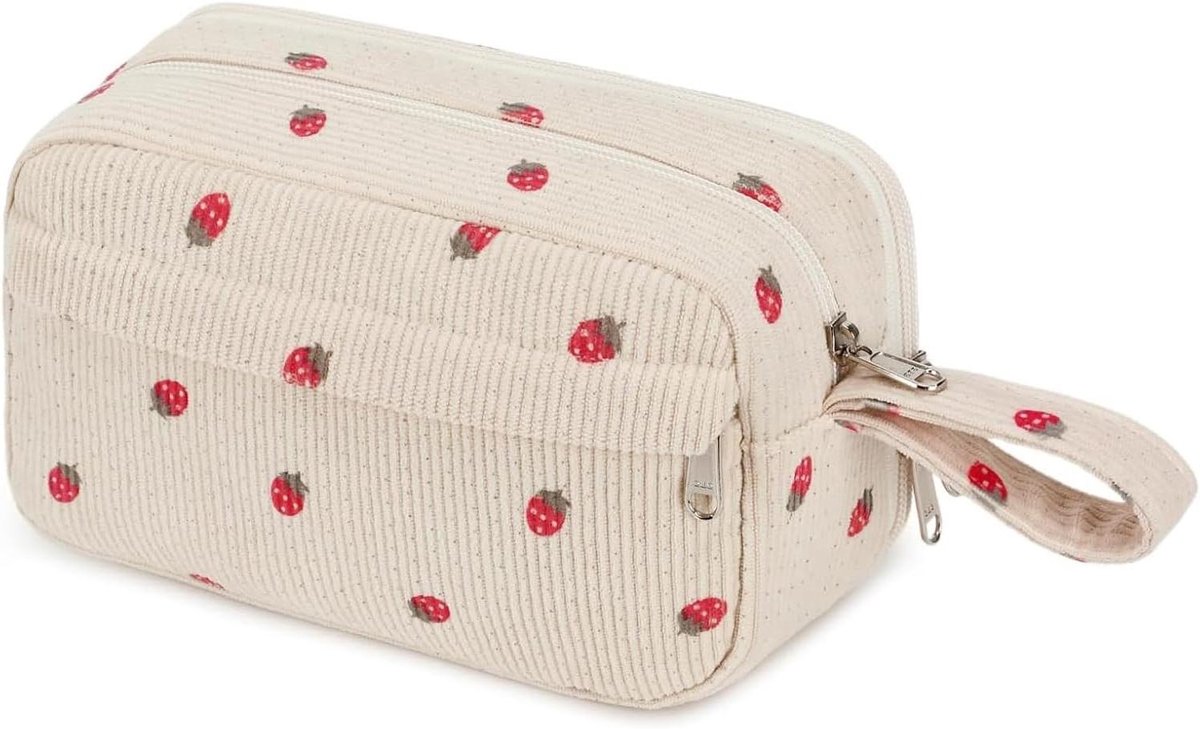 Corduroy Etui - Pennenetui Meisjes - School Kantoor - Dubbele Ritssluiting - 22 x 9 x 13.5 cm - Beige Aardbei