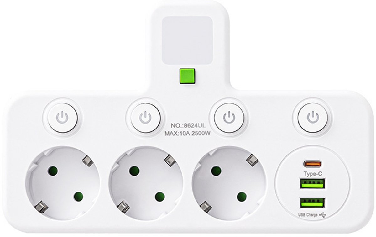 Multifunctioneel stopcontact - multifunctioneel, met schakelaar en USB-poort - slimme USB-stekkerdoos - Type-C opladen - met nachtlampje - wit
